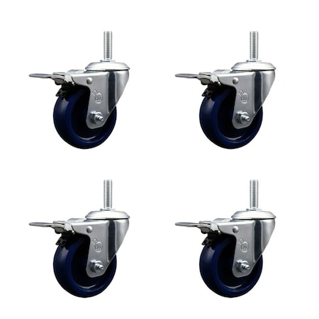 Service Caster 35 Inch Solid Polyurethane Swivel 58 Inch Threaded Stem Caster Set with Total Lock Brake SCC-TSTTL20S3514-SPUS-58212-4